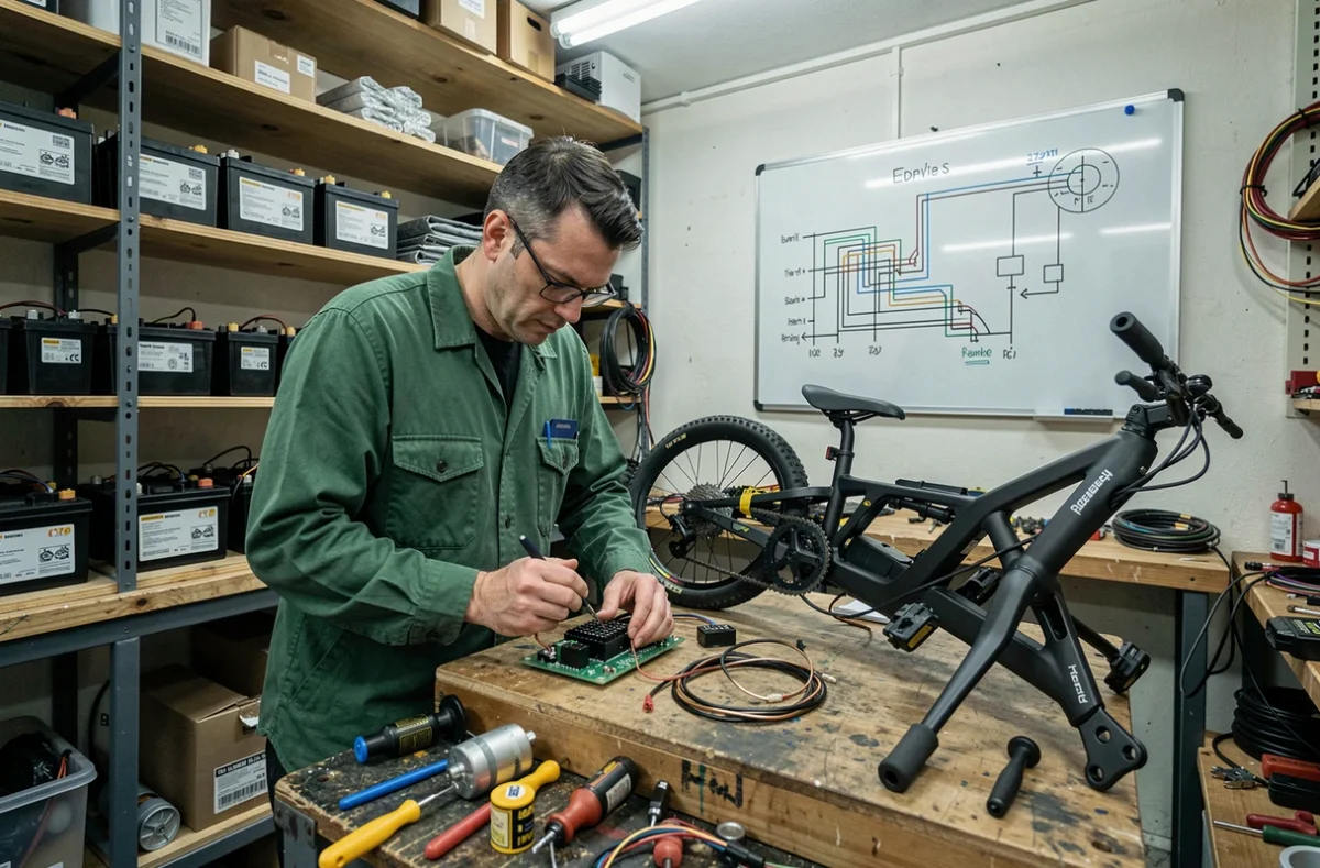 Technicien soudant une carte de contrôleur moteur pour l'électrification d'un vélo dans l'atelier GaasWatt à Marseille