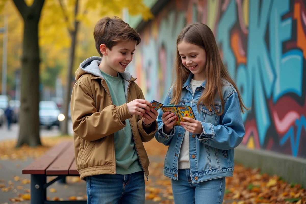 Adolescents échangeant des cartes Pokémon en plein air