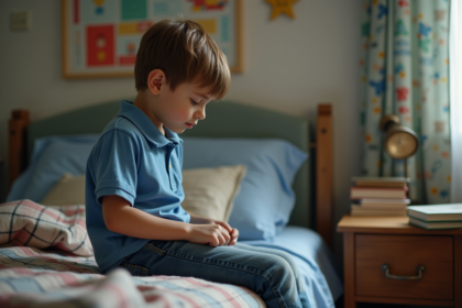 Garçon de 9 ans assis sur le lit dans une chambre modeste