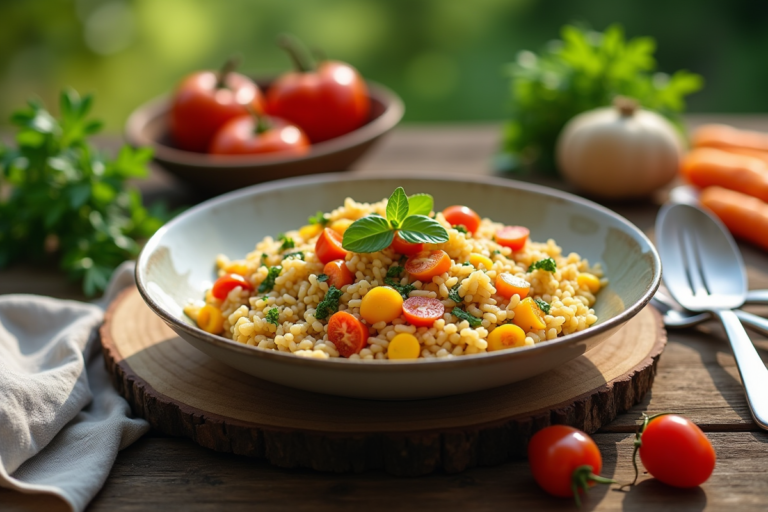 Risotto d'épeautre aux petits légumes colorés et appétissants