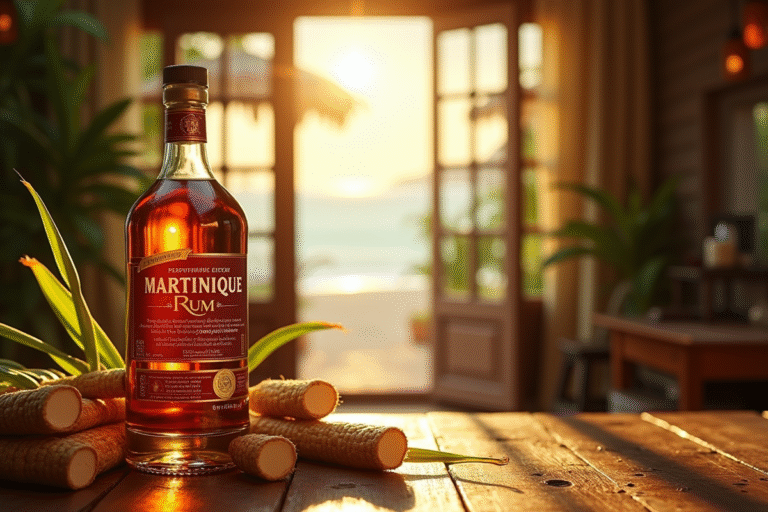 Rhum agricole de Martinique avec canne à sucre en arrière-plan