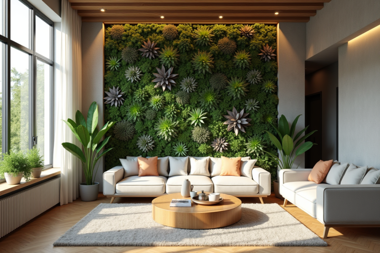 Mur végétal décoré de plantes grasses retombantes dans un espace intérieur
