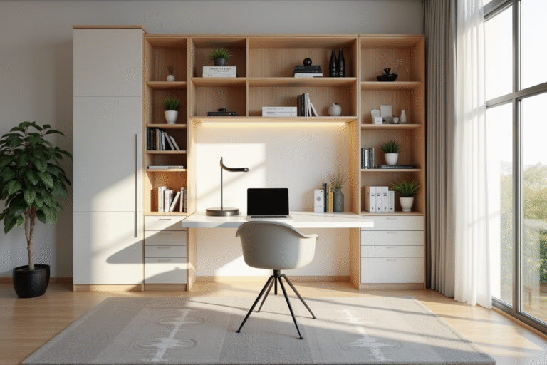 armoire-bureau intégrée dans un espace de travail moderne et organisé