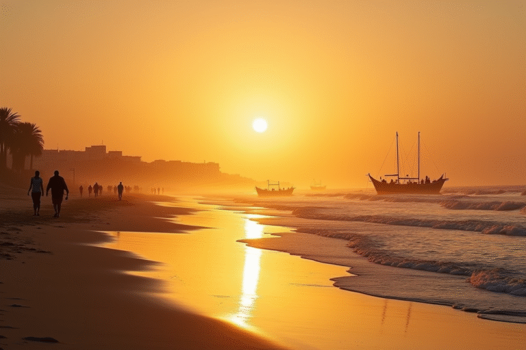 Plage d'Essaouira avec vagues et ciel ensoleillé