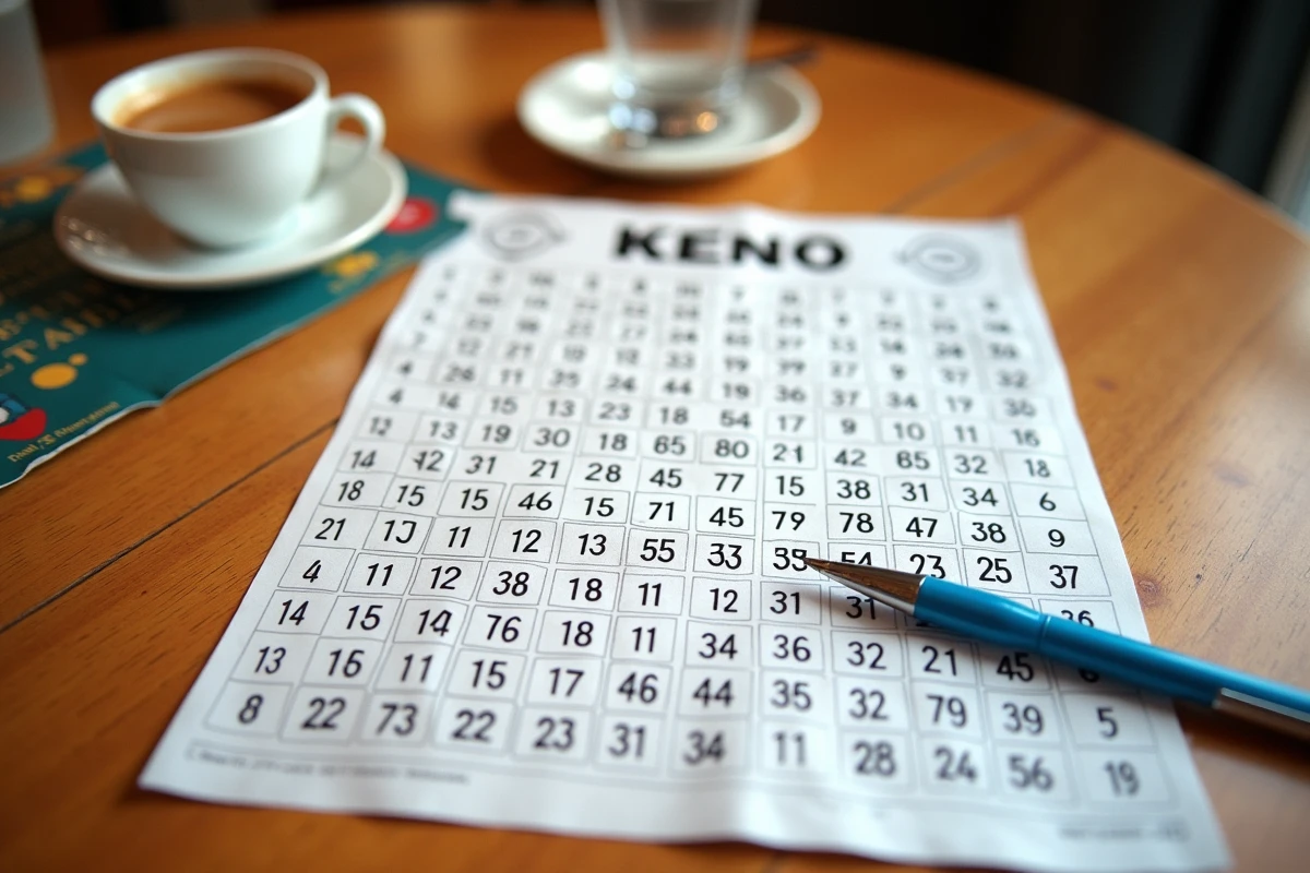 Grille de jeu Keno remplie posée sur une table de café avec un stylo et un expresso