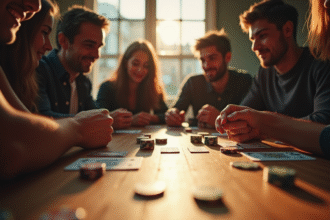 Groupe d'amis jouant aux cartes autour d'une table ensoleillée