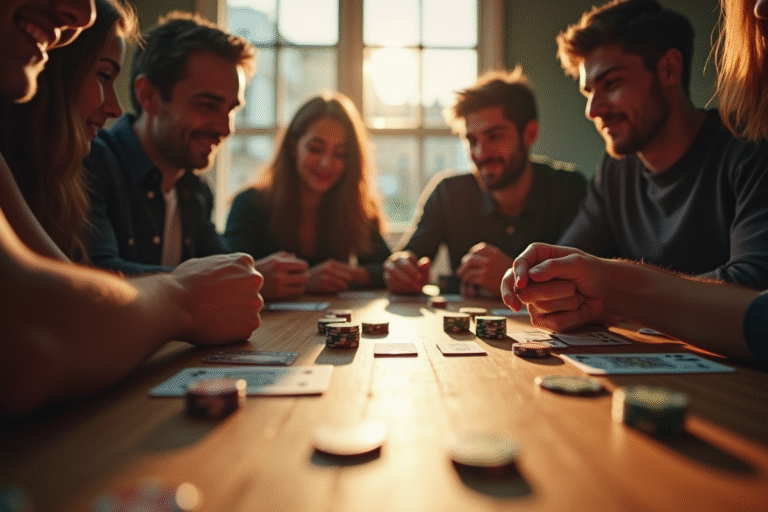 Groupe d'amis jouant aux cartes autour d'une table ensoleillée