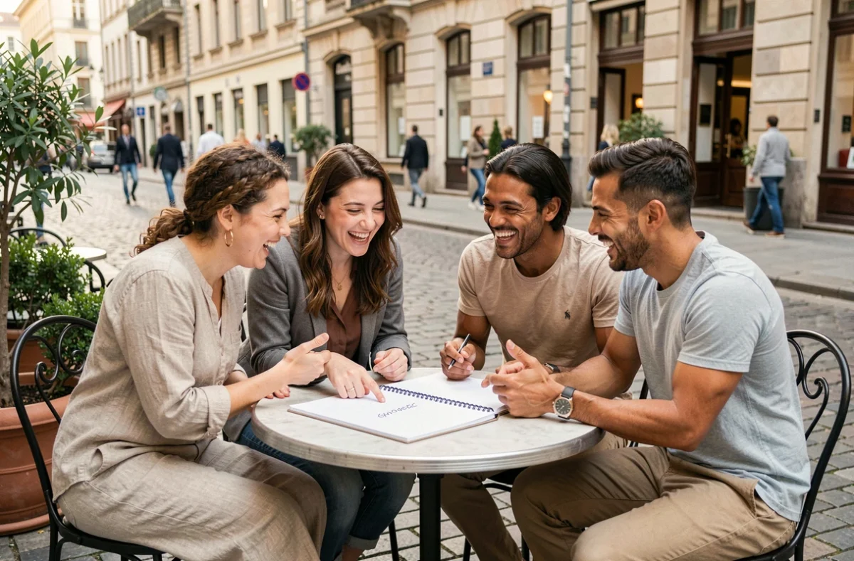Groupe de personnes discutant du sens d'un mot insolite autour d'une table de café en terrasse