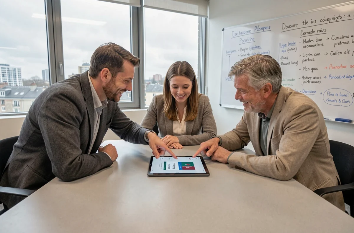 Groupe de trois adultes discutant des résultats d'un quiz politique sur une tablette dans une salle de réunion associative, engagement citoyen collectif