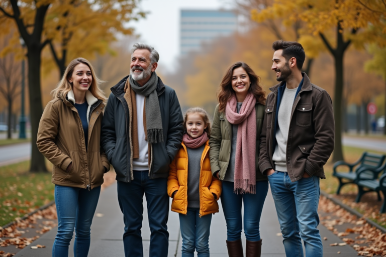 Groupe divers d'adultes et enfants dans un parc urbain