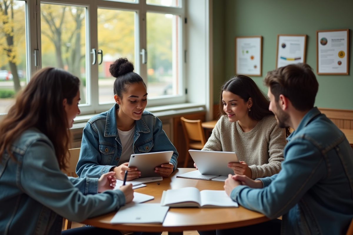 Jeunes adultes discutant autour d une table universitaire