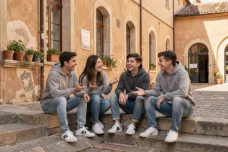 Groupe de lycéens espagnols assis sur des marches en pierre devant leur école, riant et discutant dans une ambiance détendue et authentique