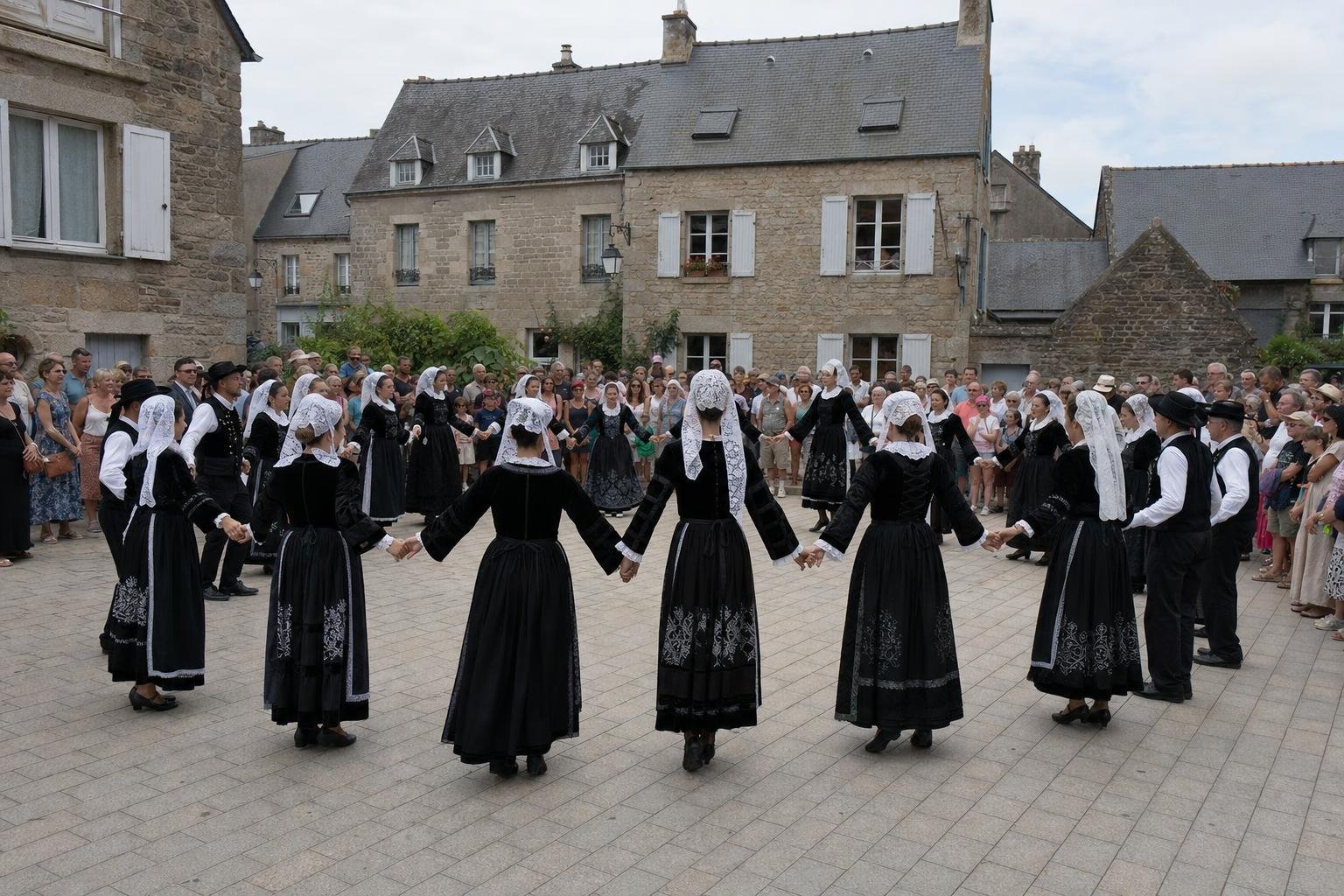 Une grande ronde de danseurs en costume breton, main dans la main sur une place pavée, entourée de spectateurs, un après-midi d’été
