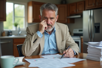 Homme d'âge moyen analysant des documents financiers à la maison