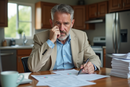 Homme d'âge moyen analysant des documents financiers à la maison
