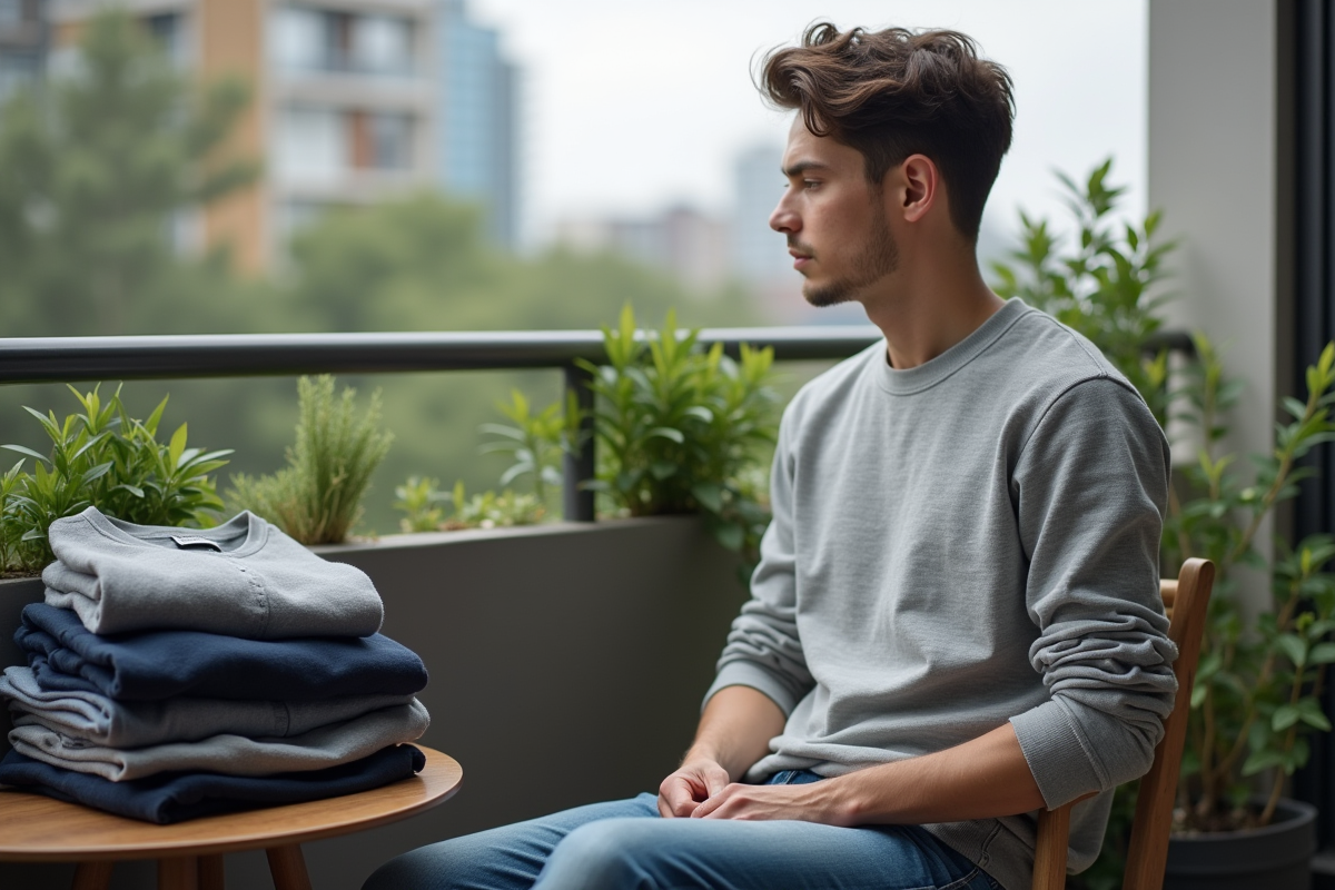 Jeune homme sur un balcon en train de choisir ses vêtements