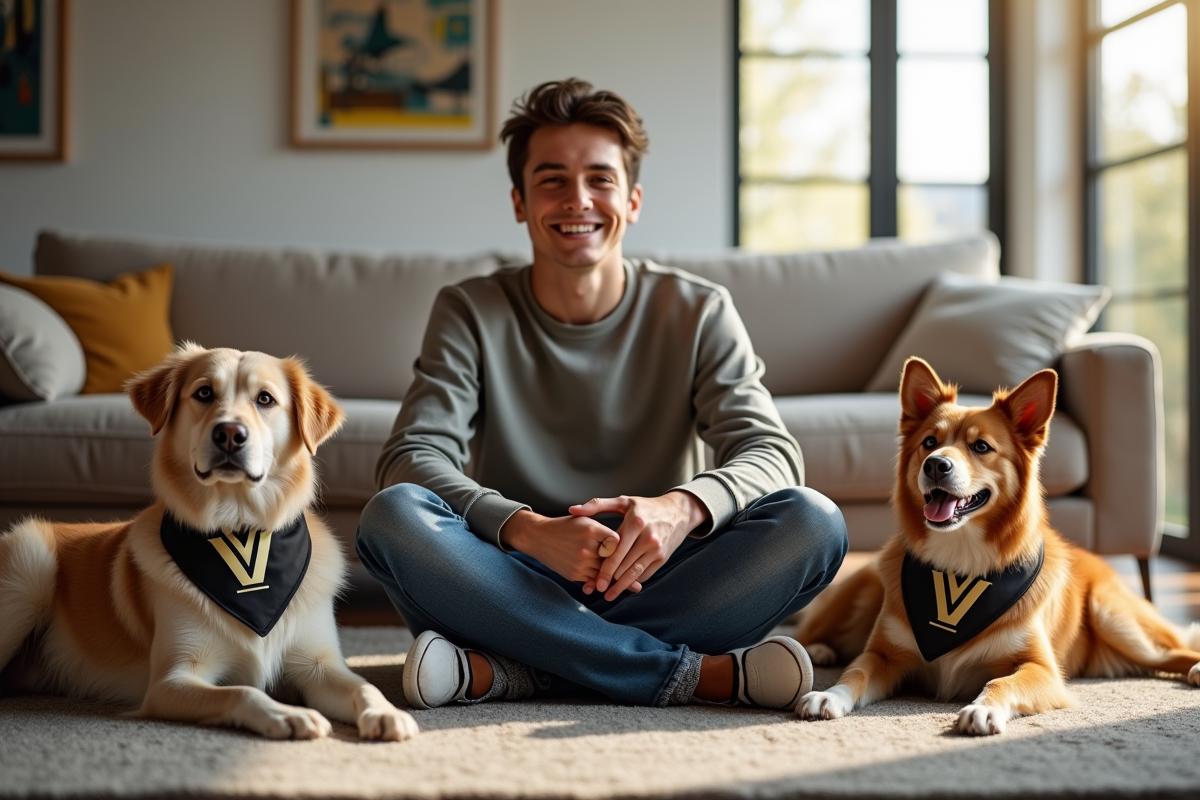 Jeune homme assis avec trois chiens portant bandanas avec la lettre V