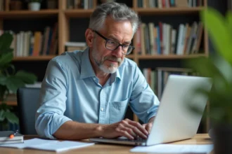 Homme d'âge moyen travaillant à son bureau à domicile
