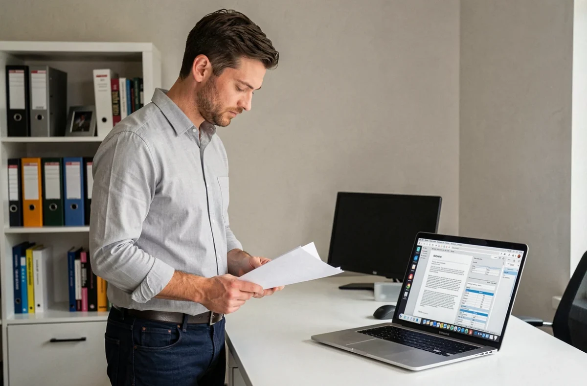 Homme consultant un modèle d'attestation d'hébergement sur ordinateur portable dans un bureau à domicile