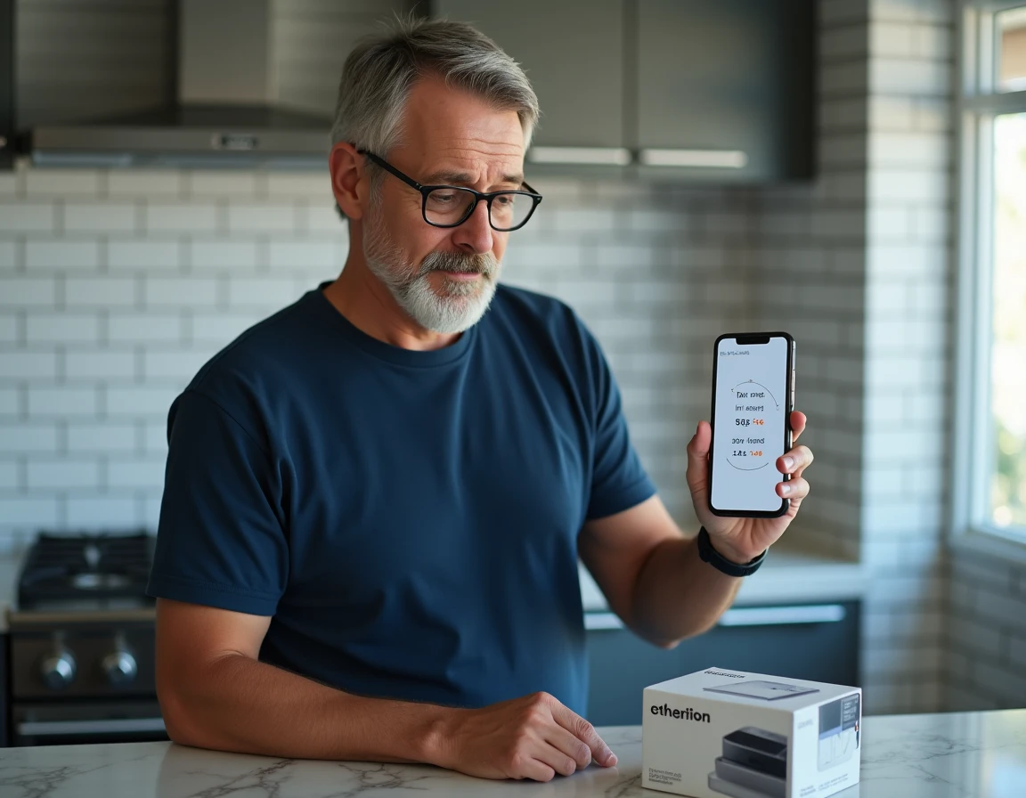 Homme consultant une application de conversion pouces centimètres sur smartphone à côté d'un produit électronique acheté en ligne avec dimensions en pouces