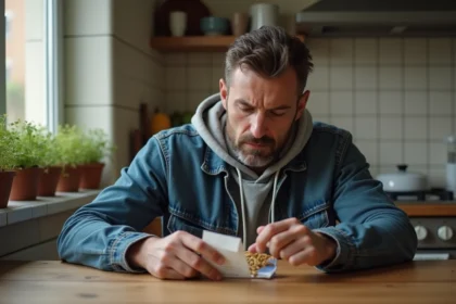 Homme en denim examine un sachet de tabac dans la cuisine