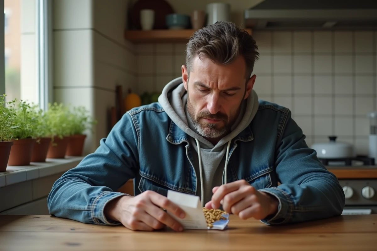 Homme en denim examine un sachet de tabac dans la cuisine
