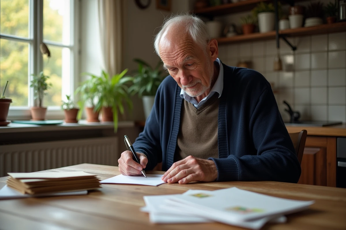 Homme âgé écrivant une lettre dans sa cuisine chaleureuse