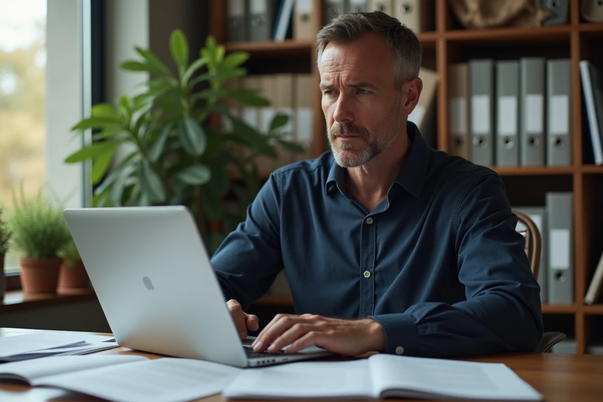 Homme rédigeant un email de demande d'annulation d'achat sur Le Bon Coin depuis son bureau à domicile