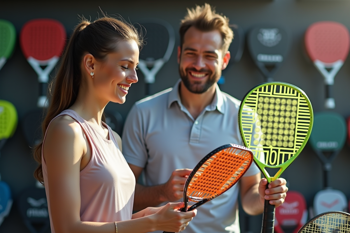 Homme et femme souriants comparant raquettes de padel en magasin