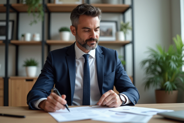 Homme en costume bleu étudiant des documents immobiliers