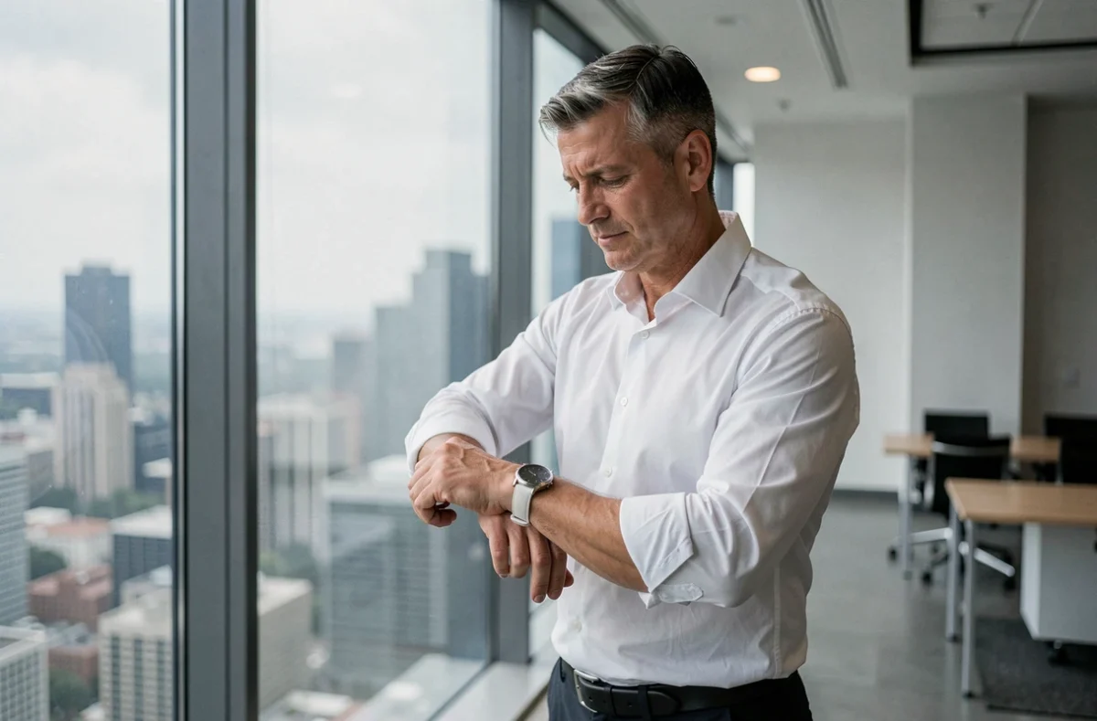 Homme d'affaires regardant sa montre affichant 11h11 devant une fenêtre de bureau en hauteur avec vue sur la ville, évoquant un signe de promotion ou de changement de carrière