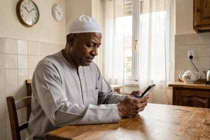 Homme musulman consultant les horaires de prières sur son smartphone dans une cuisine d'appartement à Argenteuil