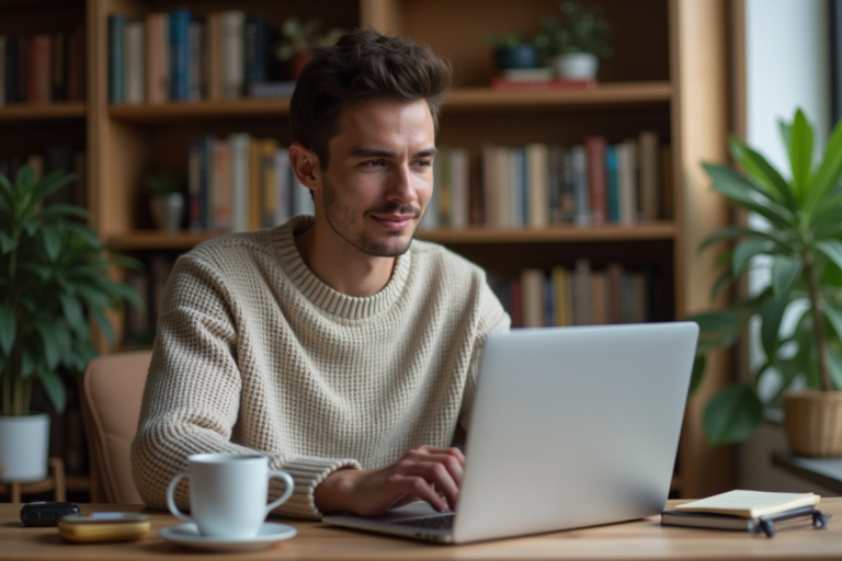Jeune homme concentré utilisant VPN sur son ordinateur dans un salon chaleureux
