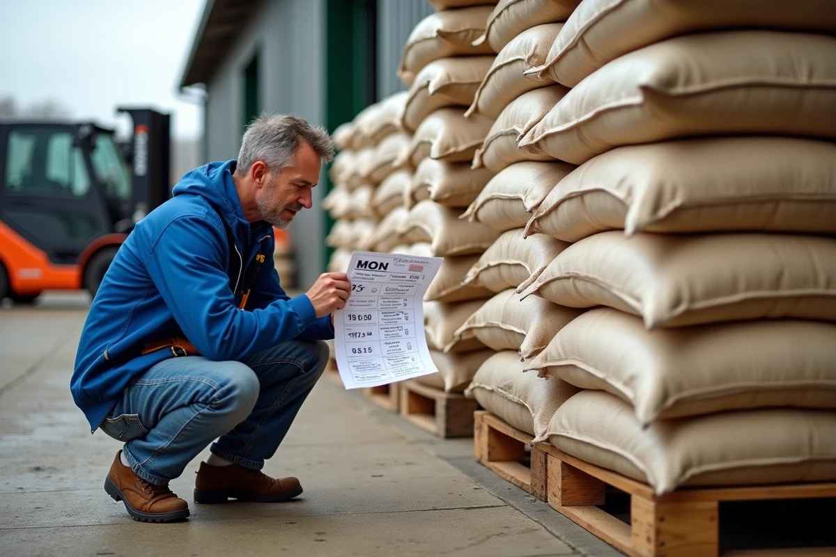 Homme en extérieur vérifiant des sacs de grain avec un tableau de conversion