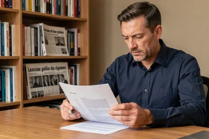 Homme lisant un quiz politique sur son bureau en bois dans un bureau à domicile, représentant la réflexion citoyenne sur les partis politiques français