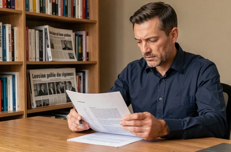 Homme lisant un quiz politique sur son bureau en bois dans un bureau à domicile, représentant la réflexion citoyenne sur les partis politiques français