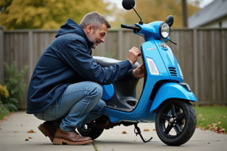 Homme en veste de travail vérifiant un scooter bleu en extérieur