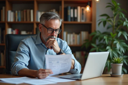 Homme d'affaires examine des documents financiers dans son bureau