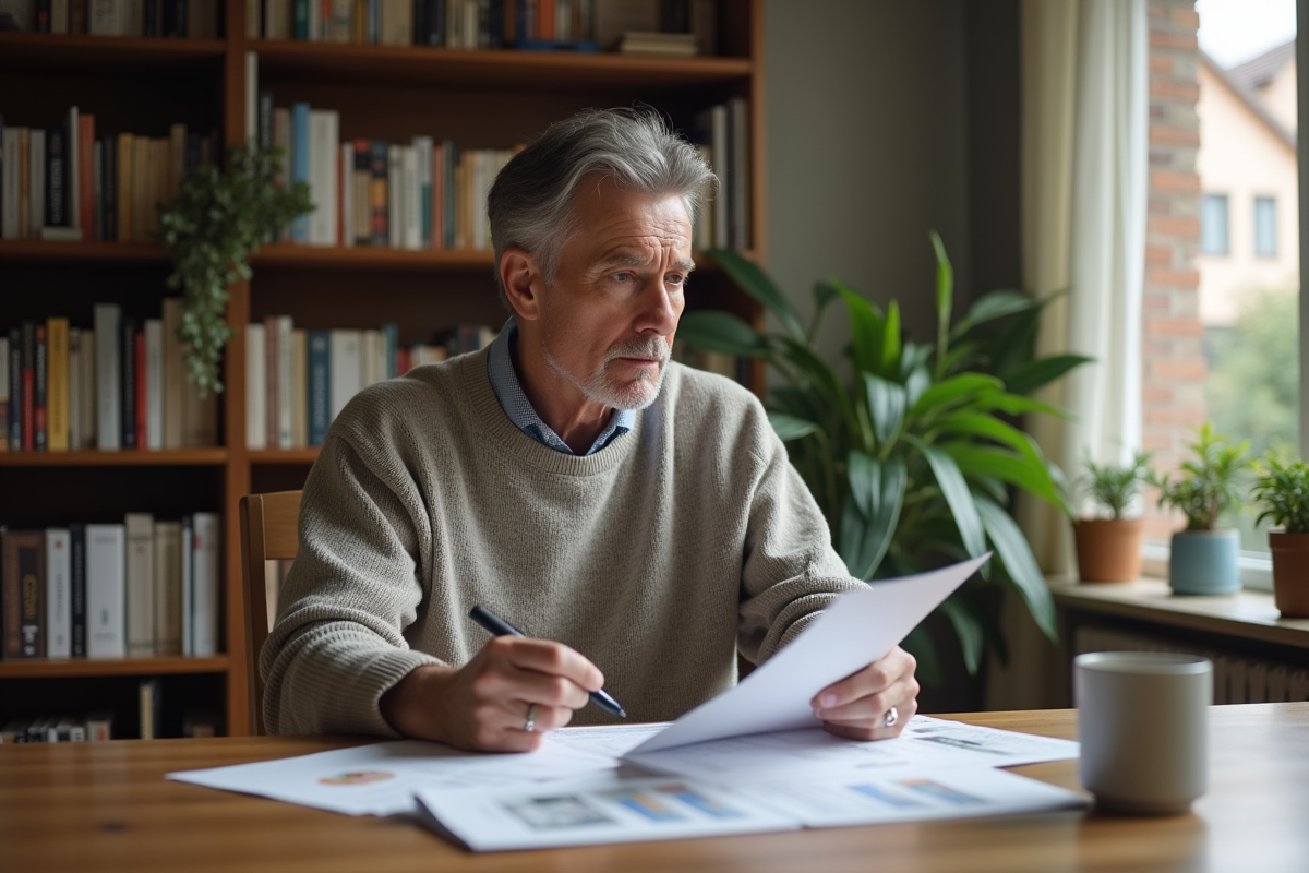 Homme d age moyen examinant des documents immobiliers à la maison