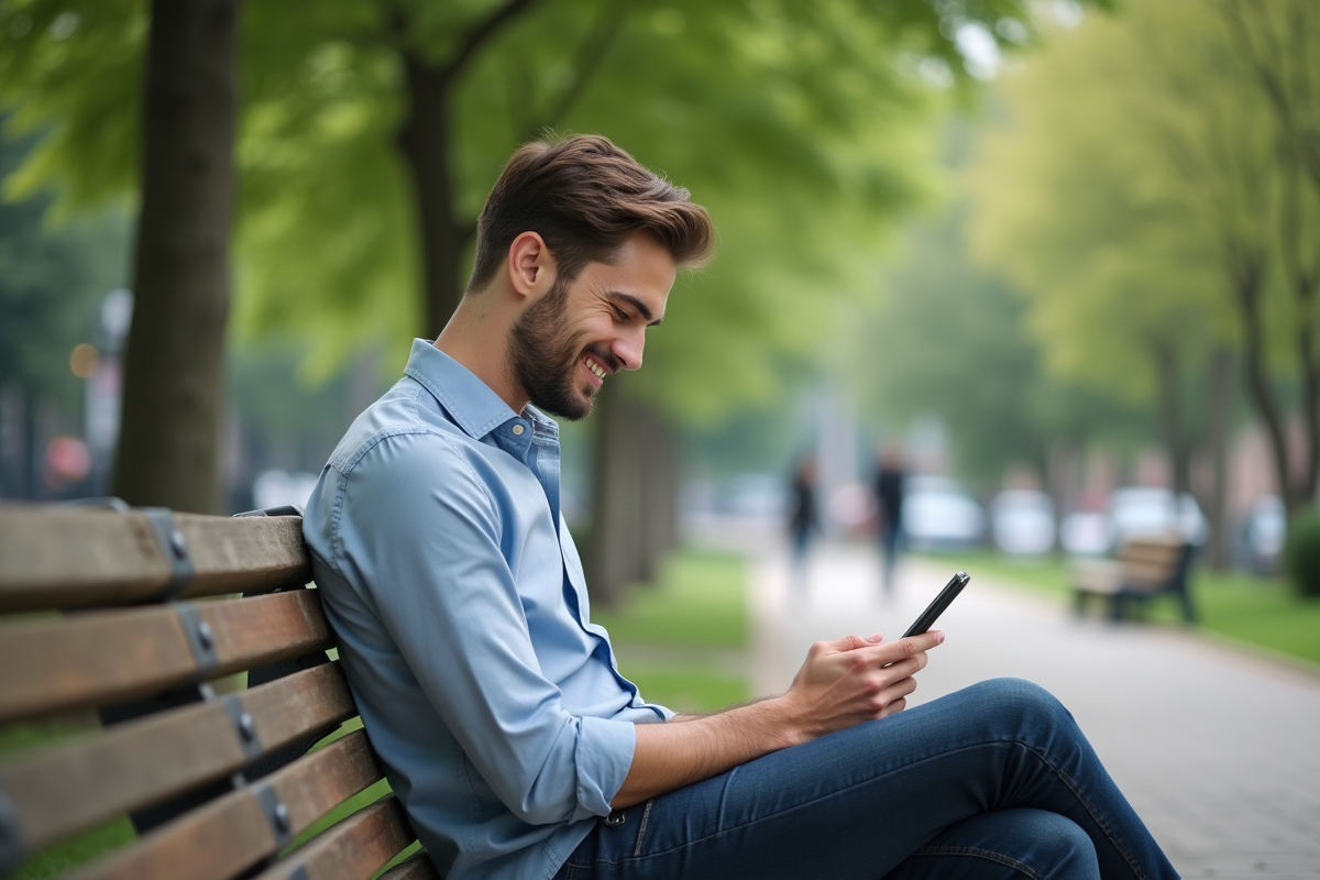 Homme souriant utilisant son smartphone dans un parc urbain