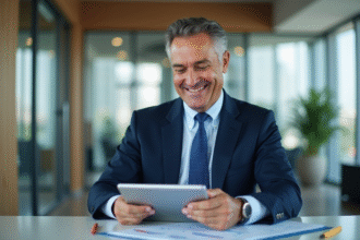 Homme souriant en costume bleu utilisant une tablette pour taux hypothécaire