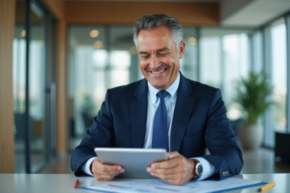 Homme souriant en costume bleu utilisant une tablette pour taux hypothécaire