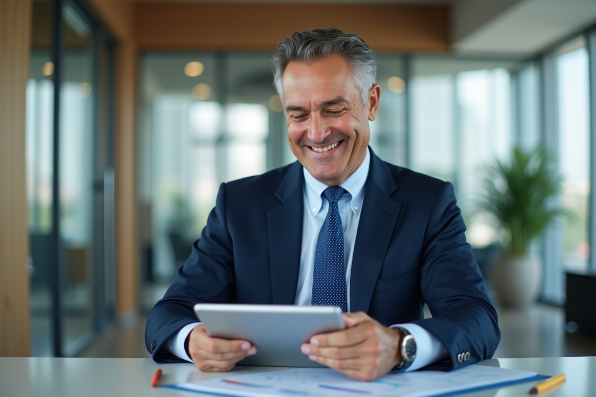 Homme souriant en costume bleu utilisant une tablette pour taux hypothécaire