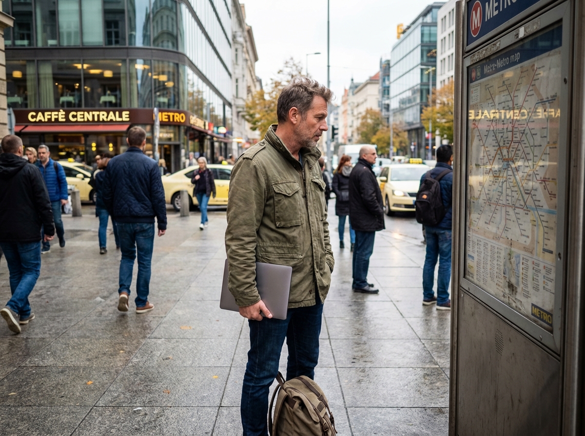 Homme regardant un plan de métro dans une ville animée