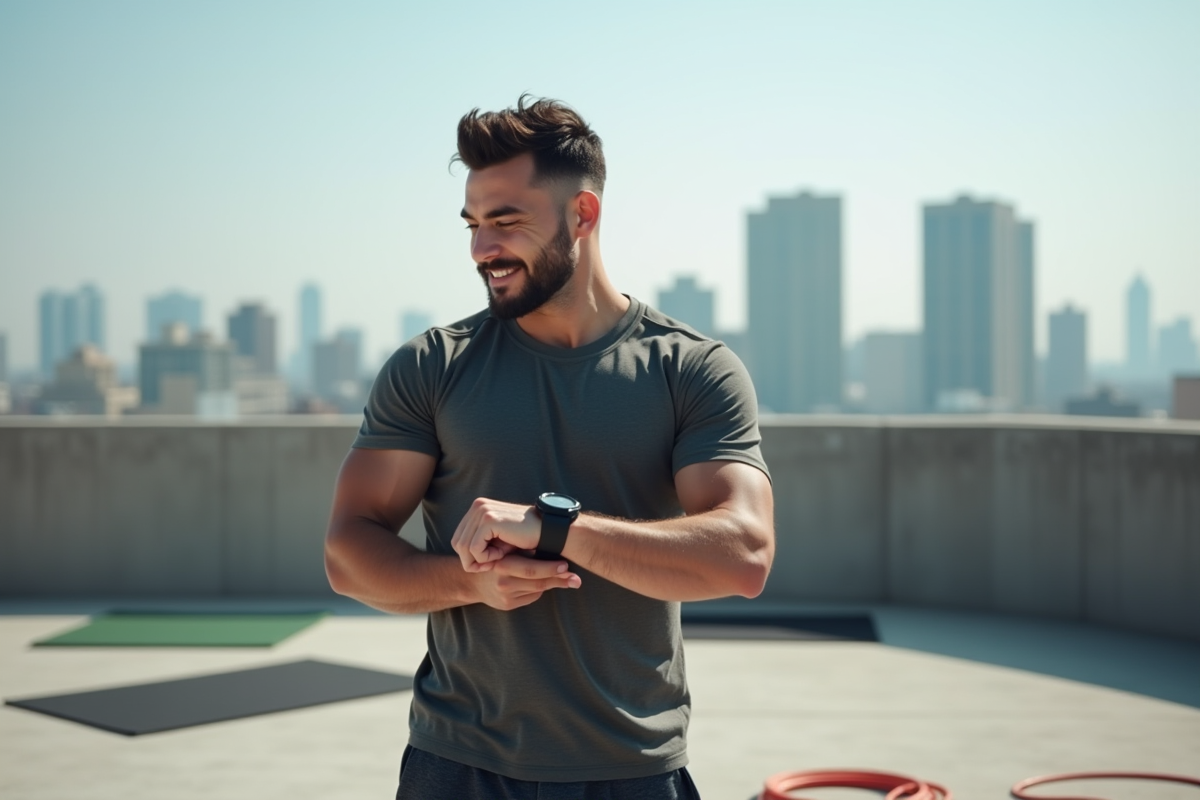 Homme faisant une pause sport en rooftop urbain