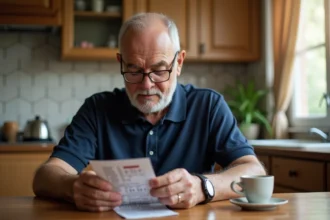 Homme vérifiant son ticket Keno à la table de sa cuisine en France