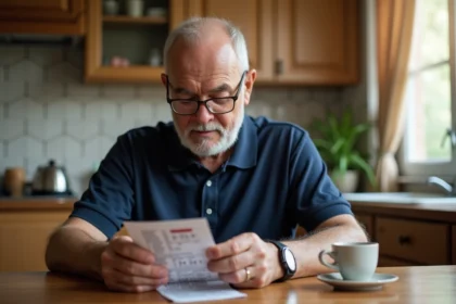 Homme vérifiant son ticket Keno à la table de sa cuisine en France