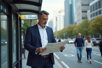 Homme d'affaires examine une carte en ville