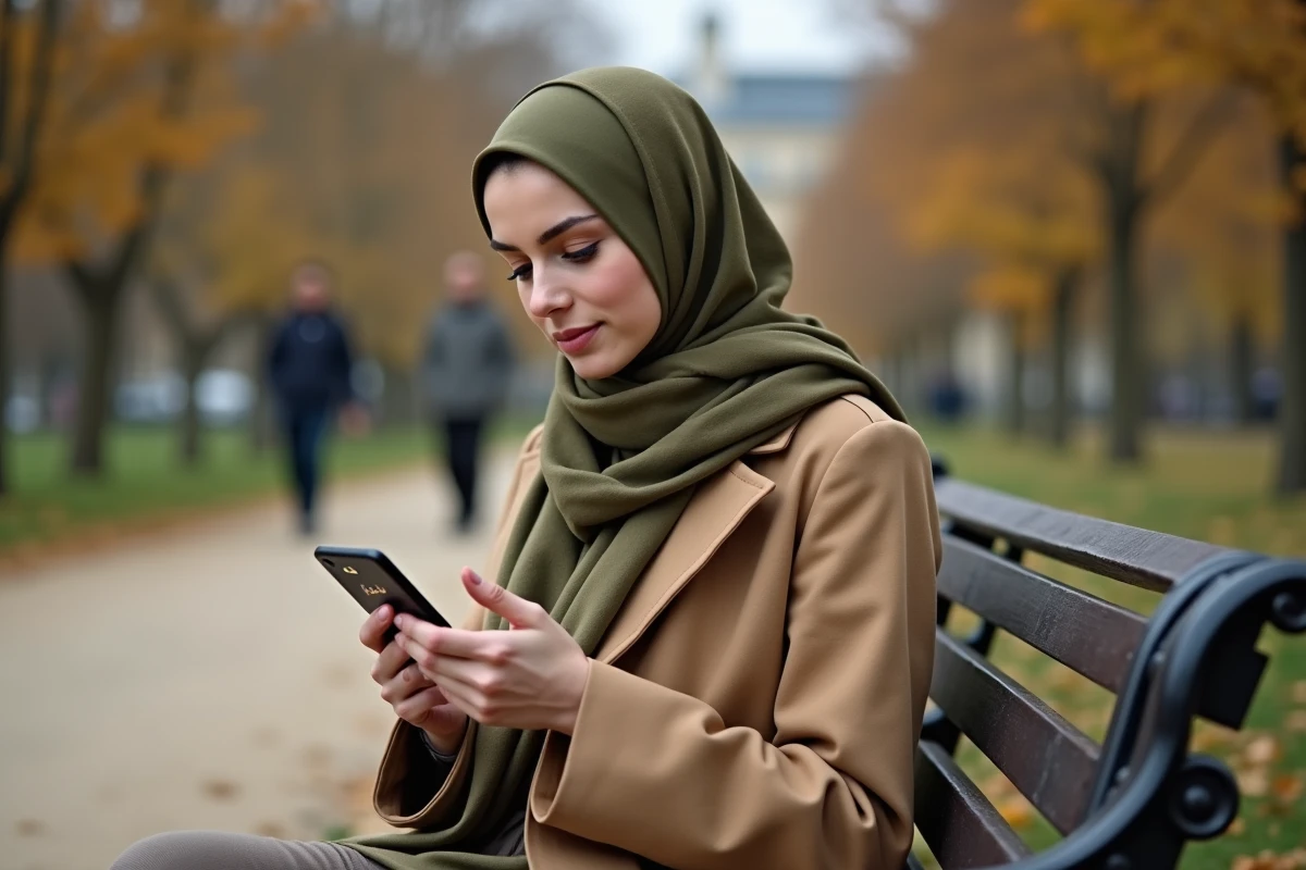 Jeune femme musulmane consultant les horaires de prière sur son téléphone dans un parc parisien