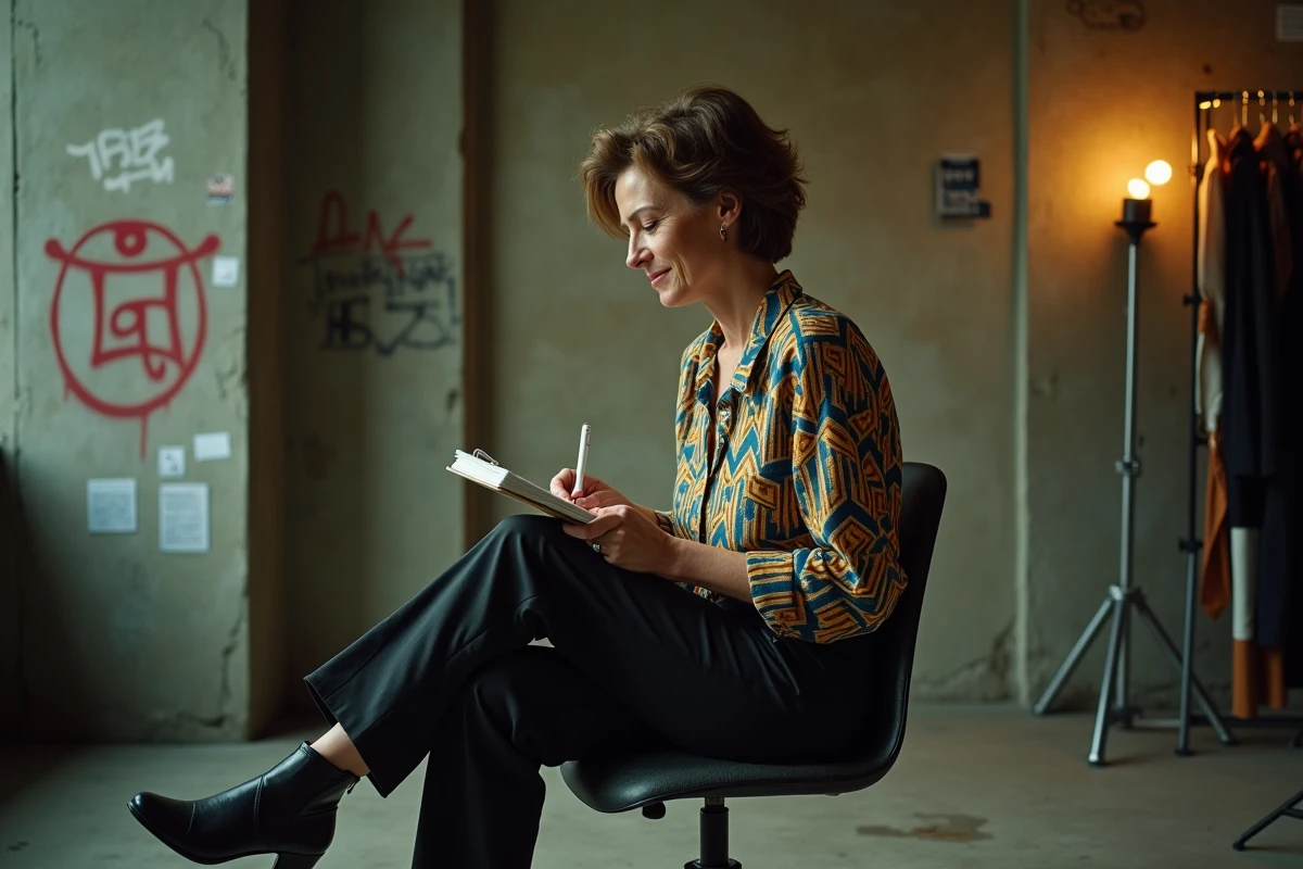 Humoriste française en coulisses concentrée sur ses notes avant un spectacle d'humour politique, ambiance authentique de théâtre parisien